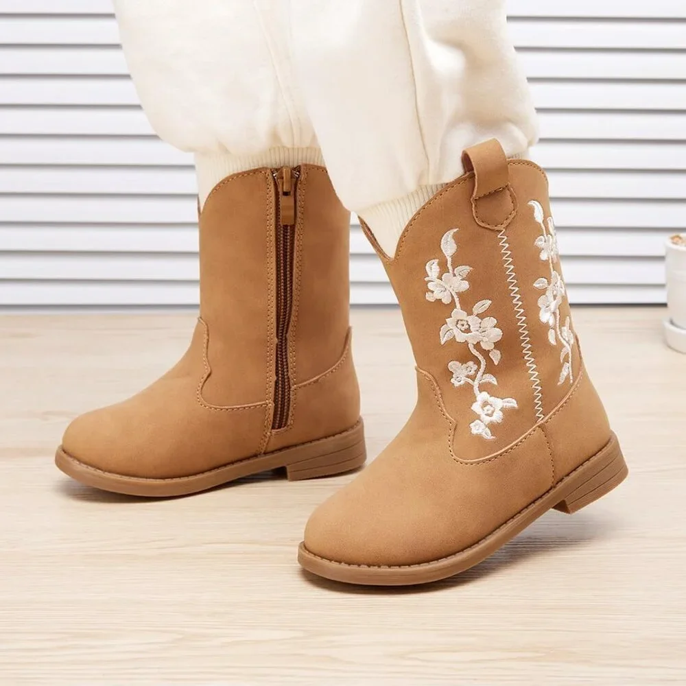 ⚡Girls 4-Brown Microfiber Little Kids Mid Calf Western Pointed Toe Riding Boots